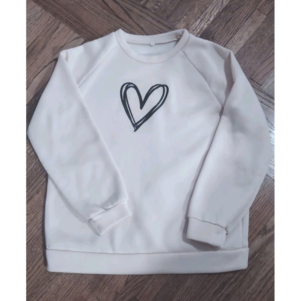 Minimalist Heart Graphic Pullover - Soft Brushed Knit Cream Sweatshirt - Size L